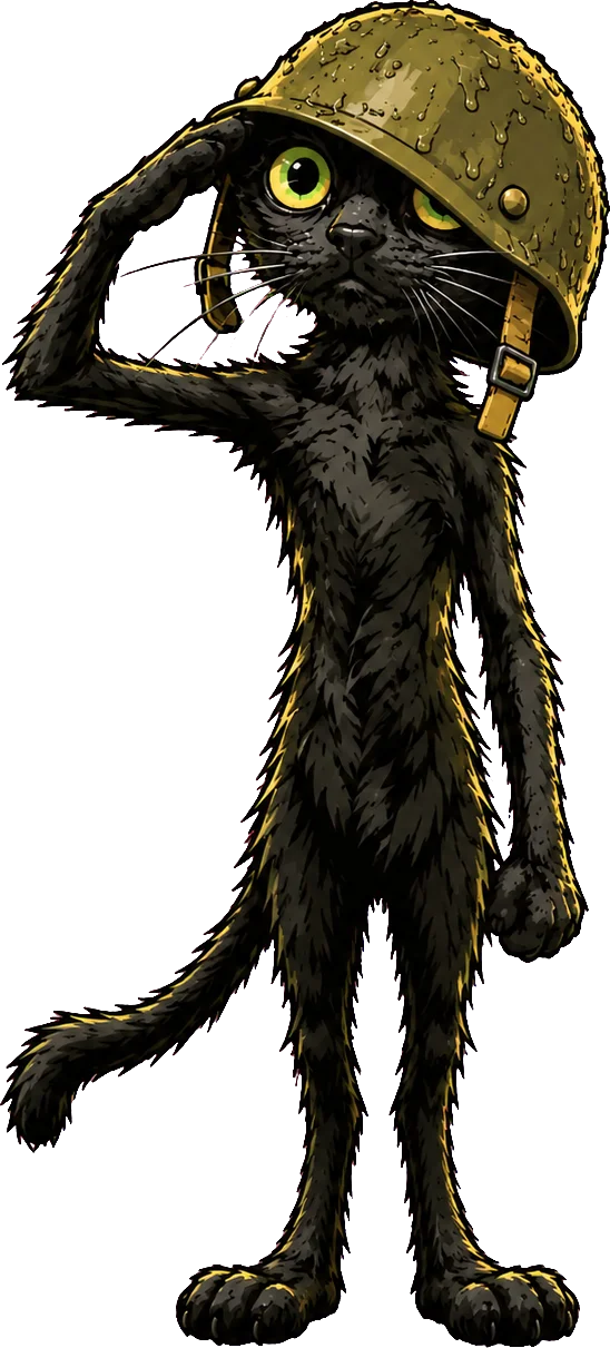 The cat saluting with his helmet slipped over one eye