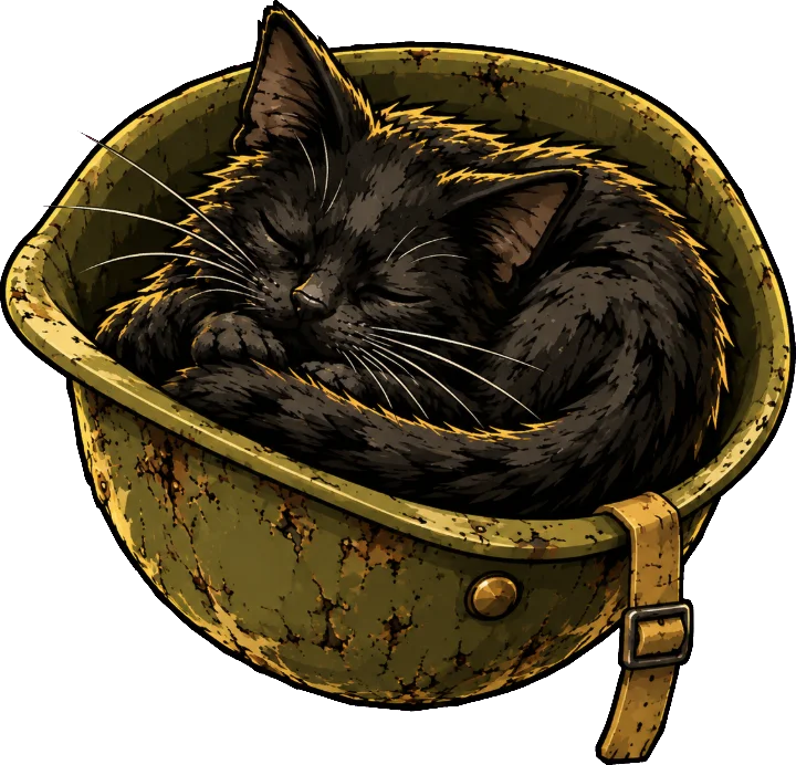 Cat The Trencher asleep, curled up inside his upturned helmet