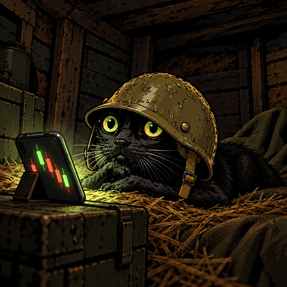 The cat lying awake in a dark bunker, lit by a phone full of red and green bars