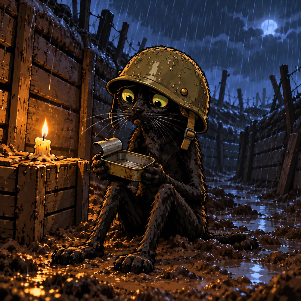 The cat alone in the rain, staring into an empty sardine tin