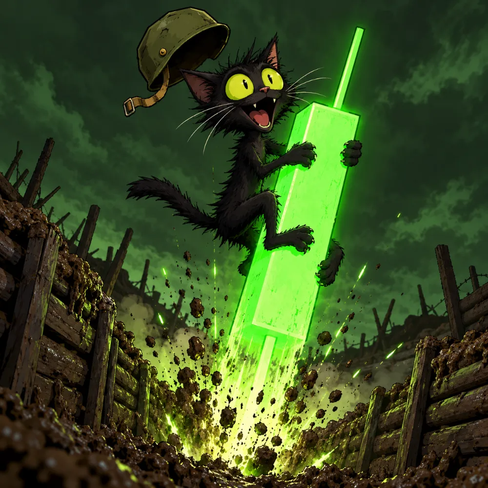 The cat riding a giant green candle out of the trench like a rocket