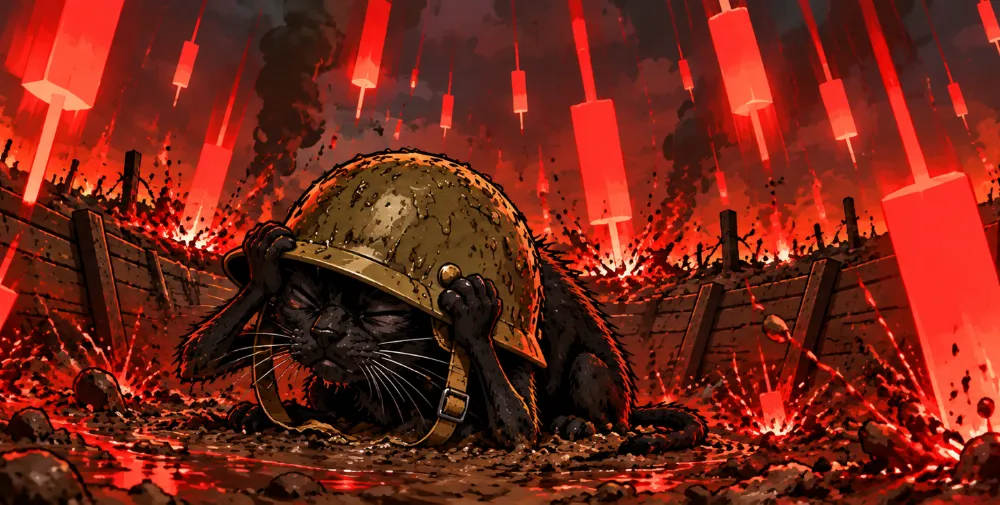 The cat holding his helmet down as red candles crash into the mud around him